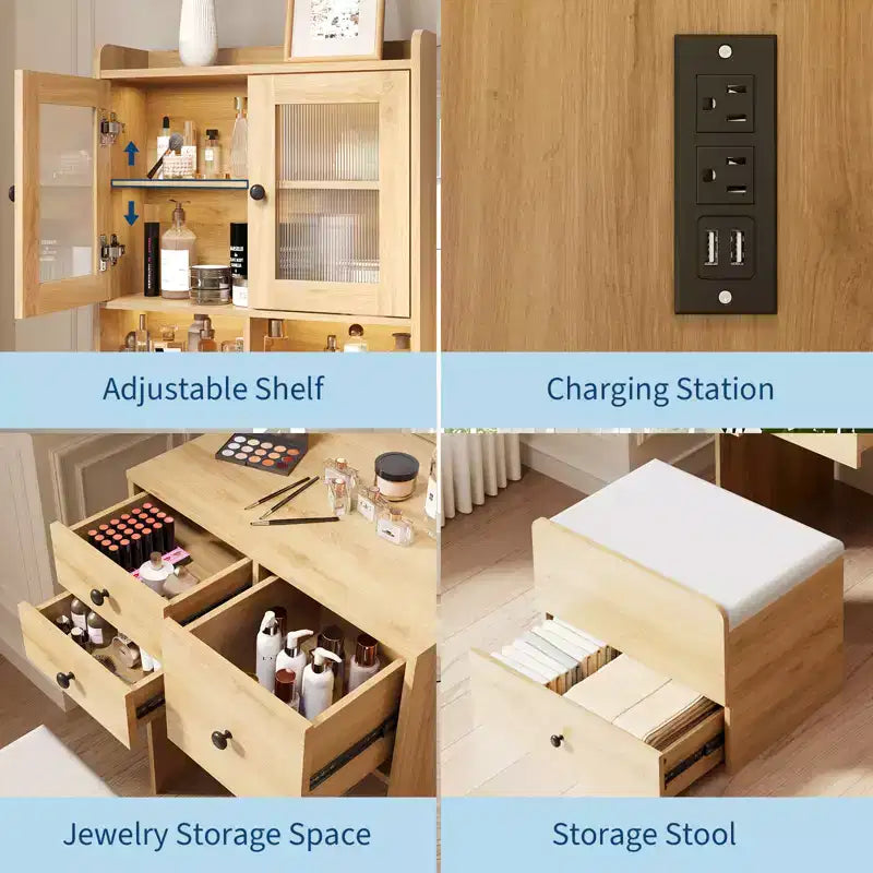 Coiffeuse compacte, Coiffeuse de maquillage avec miroir et lumières, Ensemble de coiffeuse blanche avec station de recharge, Petite coiffeuse pour filles et chaise de rangement