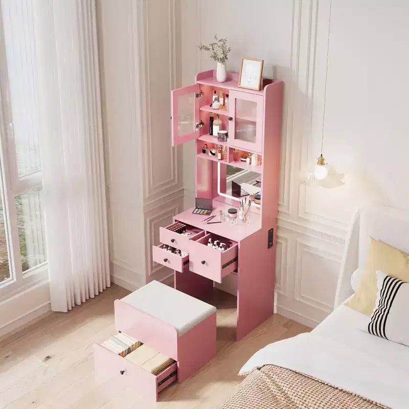 Coiffeuse compacte, Coiffeuse de maquillage avec miroir et lumières, Ensemble de coiffeuse blanche avec station de recharge, Petite coiffeuse pour filles et chaise de rangement