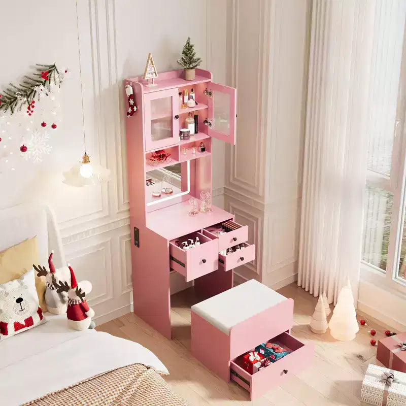 Coiffeuse compacte, Coiffeuse de maquillage avec miroir et lumières, Ensemble de coiffeuse blanche avec station de recharge, Petite coiffeuse pour filles et chaise de rangement
