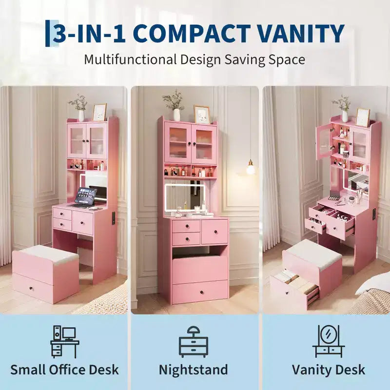 Coiffeuse compacte, Coiffeuse de maquillage avec miroir et lumières, Ensemble de coiffeuse blanche avec station de recharge, Petite coiffeuse pour filles et chaise de rangement
