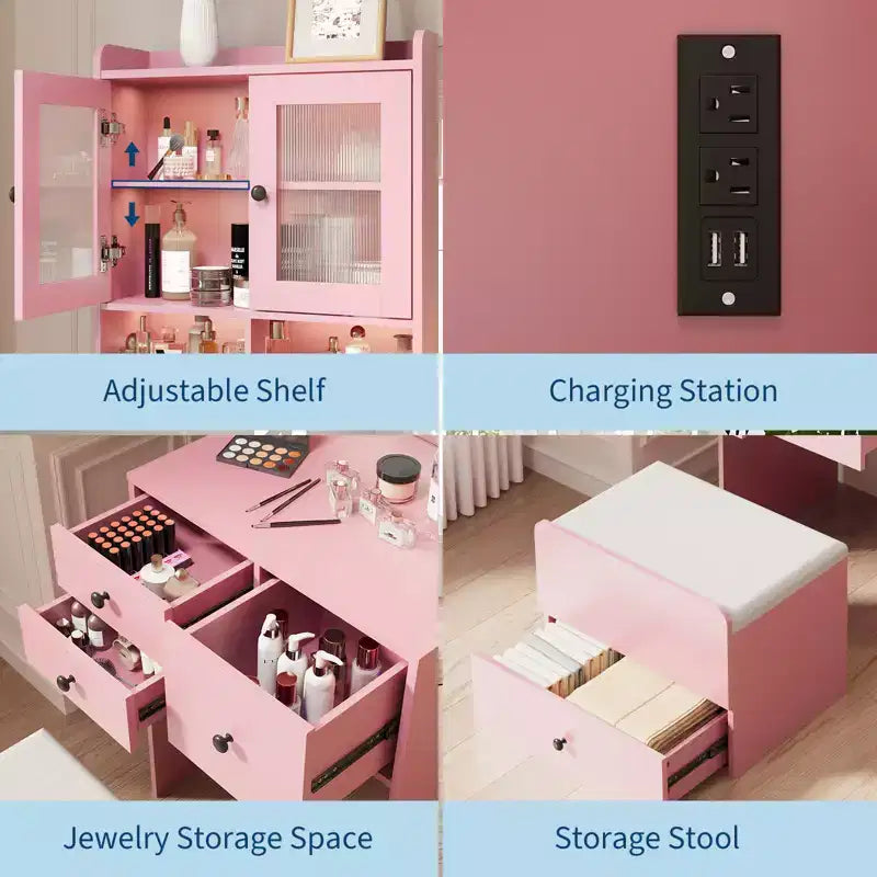 Coiffeuse compacte, Coiffeuse de maquillage avec miroir et lumières, Ensemble de coiffeuse blanche avec station de recharge, Petite coiffeuse pour filles et chaise de rangement