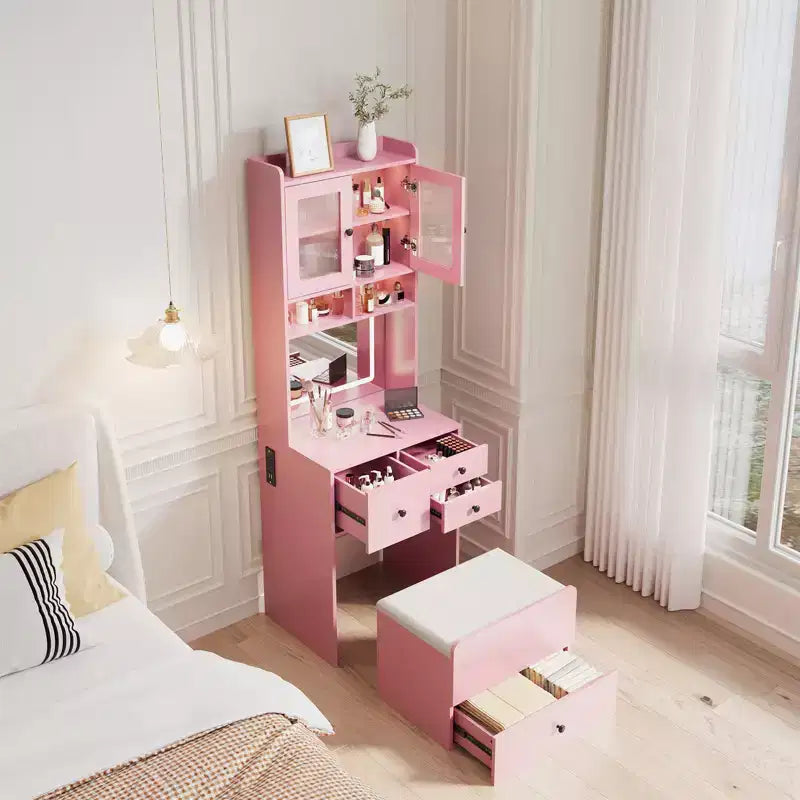 Coiffeuse compacte, Coiffeuse de maquillage avec miroir et lumières, Ensemble de coiffeuse blanche avec station de recharge, Petite coiffeuse pour filles et chaise de rangement
