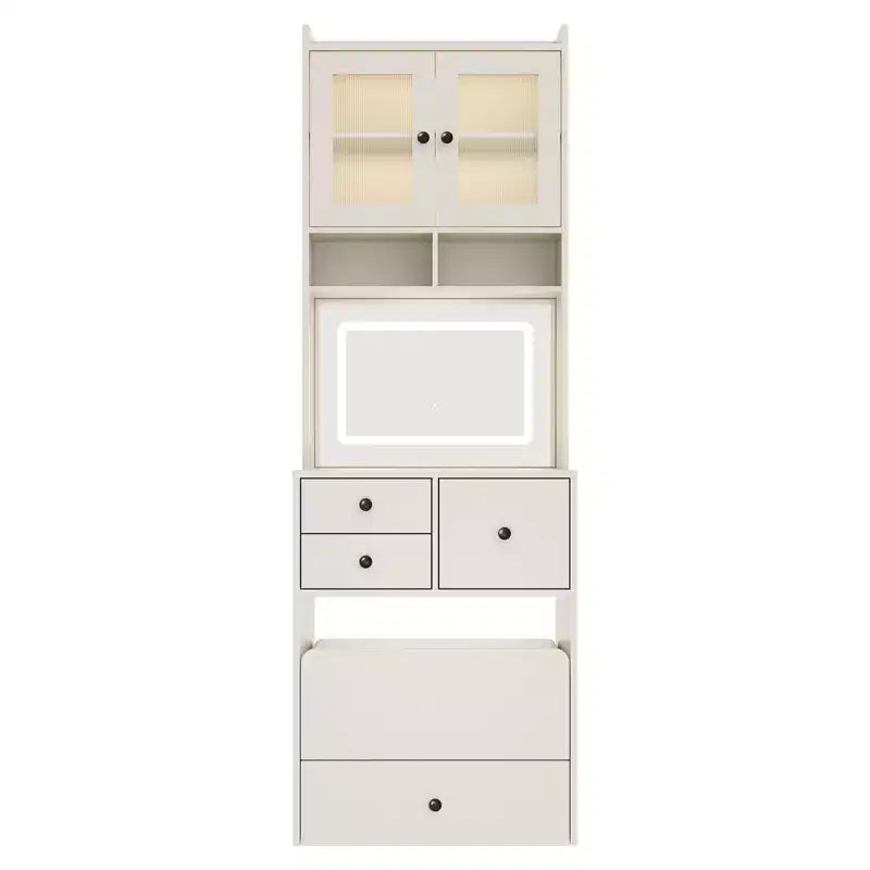 Coiffeuse compacte, Coiffeuse de maquillage avec miroir et lumières, Ensemble de coiffeuse blanche avec station de recharge, Petite coiffeuse pour filles et chaise de rangement