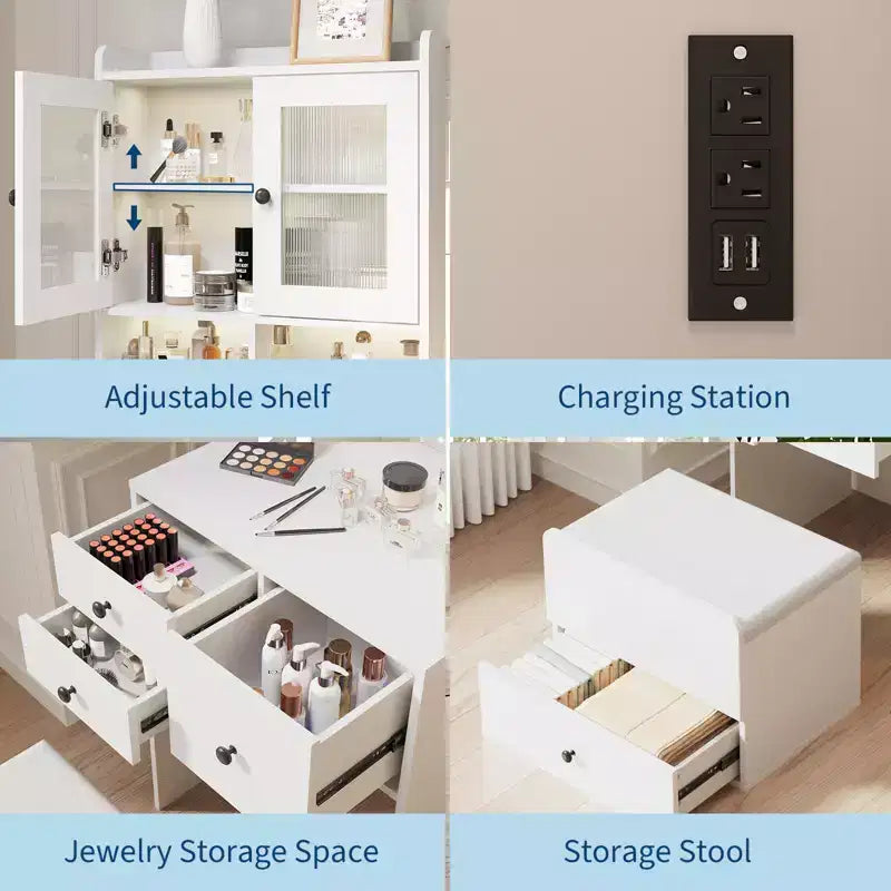 Coiffeuse compacte, Coiffeuse de maquillage avec miroir et lumières, Ensemble de coiffeuse blanche avec station de recharge, Petite coiffeuse pour filles et chaise de rangement