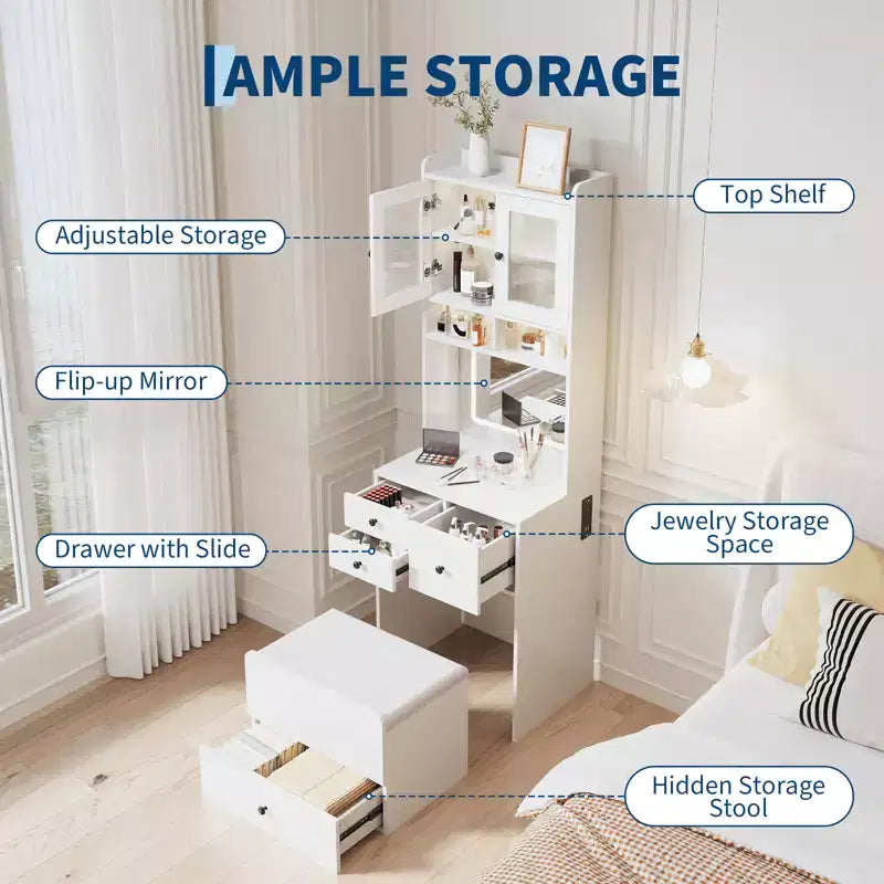 Coiffeuse compacte, Coiffeuse de maquillage avec miroir et lumières, Ensemble de coiffeuse blanche avec station de recharge, Petite coiffeuse pour filles et chaise de rangement