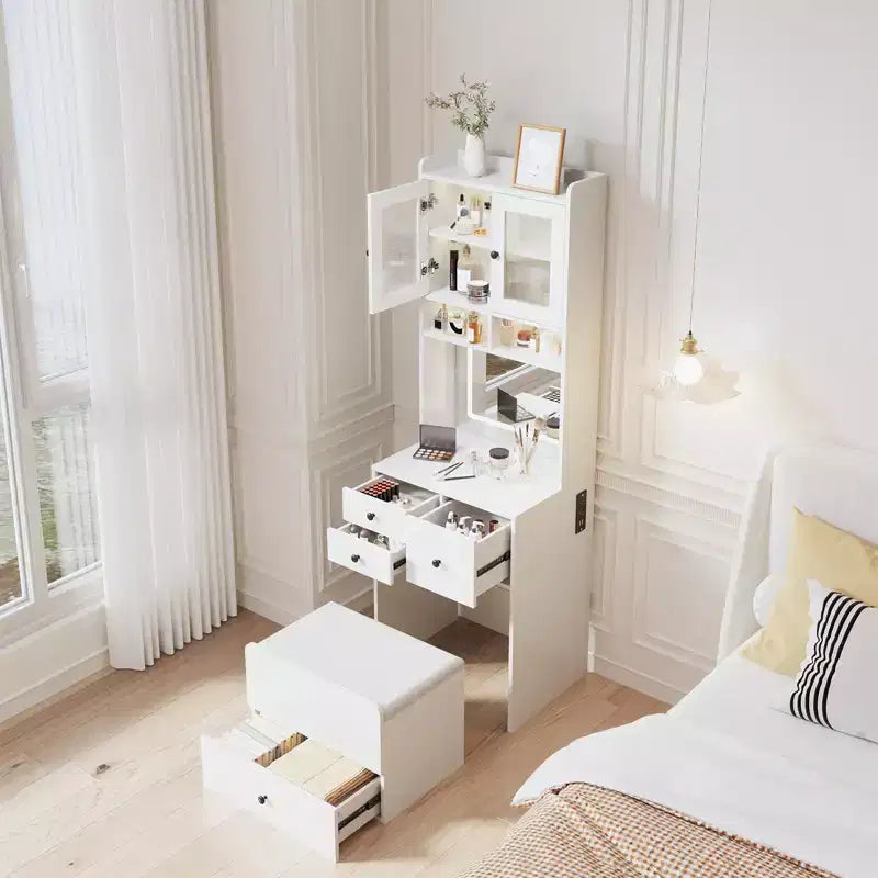 Coiffeuse compacte, Coiffeuse de maquillage avec miroir et lumières, Ensemble de coiffeuse blanche avec station de recharge, Petite coiffeuse pour filles et chaise de rangement