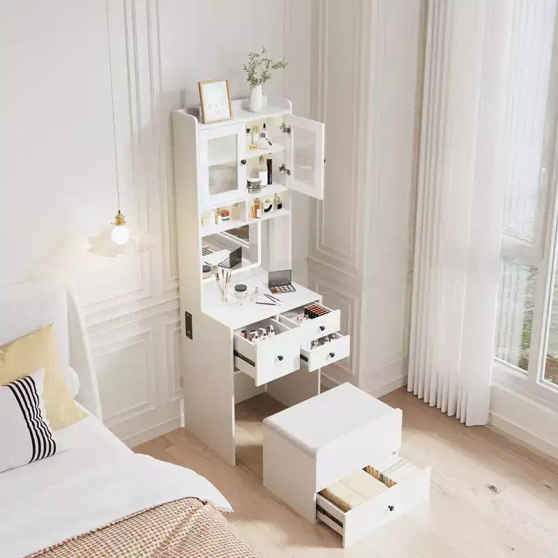 Coiffeuse compacte, Coiffeuse de maquillage avec miroir et lumières, Ensemble de coiffeuse blanche avec station de recharge, Petite coiffeuse pour filles et chaise de rangement
