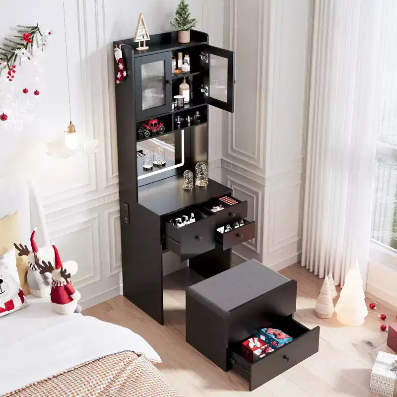 Coiffeuse compacte, Coiffeuse de maquillage avec miroir et lumières, Ensemble de coiffeuse blanche avec station de recharge, Petite coiffeuse pour filles et chaise de rangement