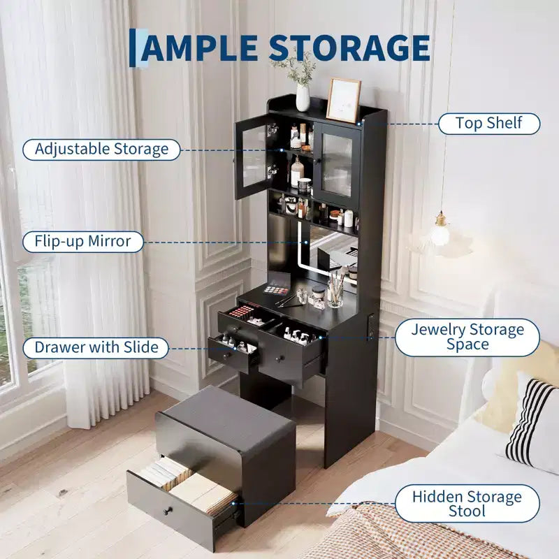 Coiffeuse compacte, Coiffeuse de maquillage avec miroir et lumières, Ensemble de coiffeuse blanche avec station de recharge, Petite coiffeuse pour filles et chaise de rangement