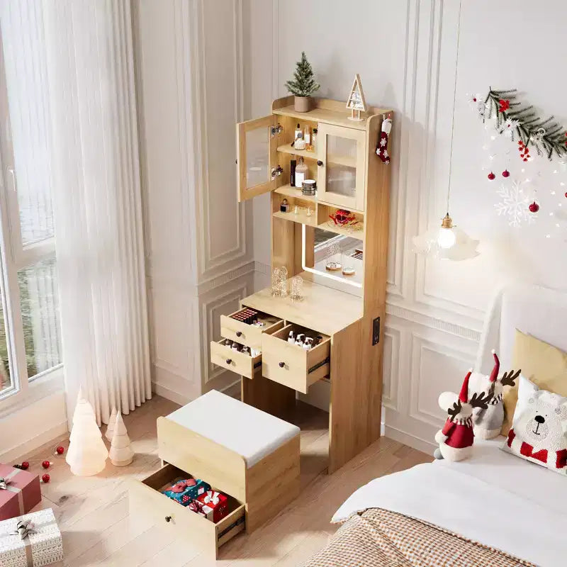 Coiffeuse compacte, Coiffeuse de maquillage avec miroir et lumières, Ensemble de coiffeuse blanche avec station de recharge, Petite coiffeuse pour filles et chaise de rangement