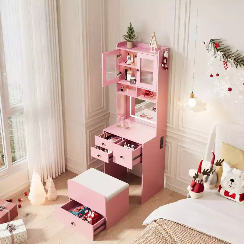 Coiffeuse compacte, Coiffeuse de maquillage avec miroir et lumières, Ensemble de coiffeuse blanche avec station de recharge, Petite coiffeuse pour filles et chaise de rangement