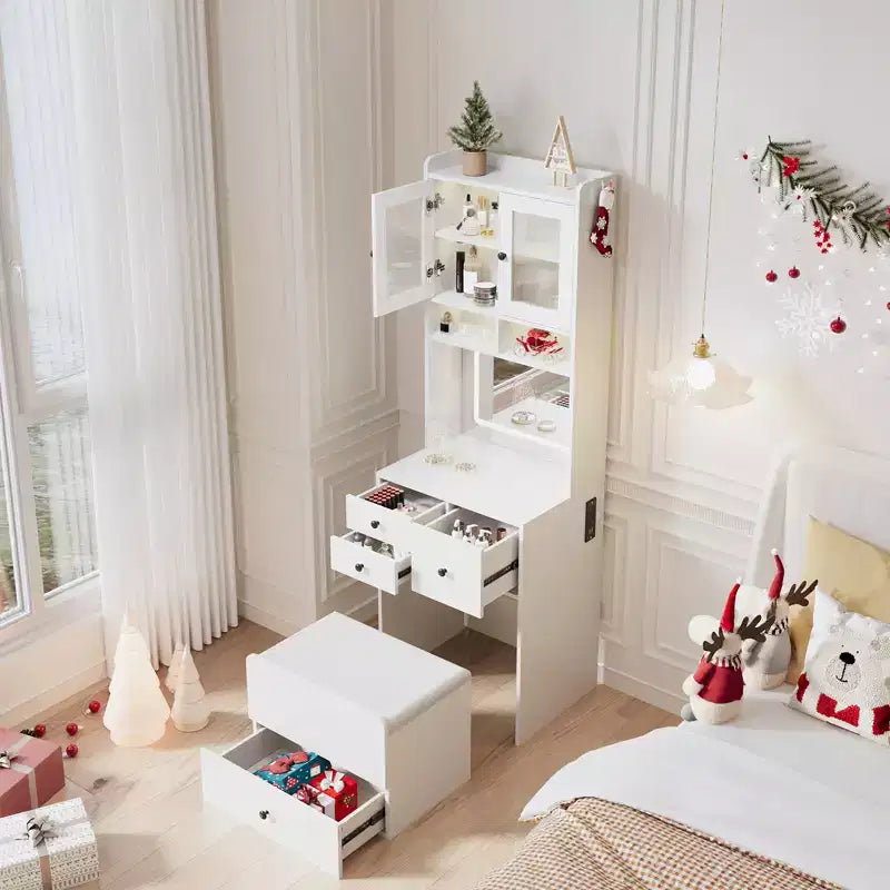 Coiffeuse compacte, Coiffeuse de maquillage avec miroir et lumières, Ensemble de coiffeuse blanche avec station de recharge, Petite coiffeuse pour filles et chaise de rangement
