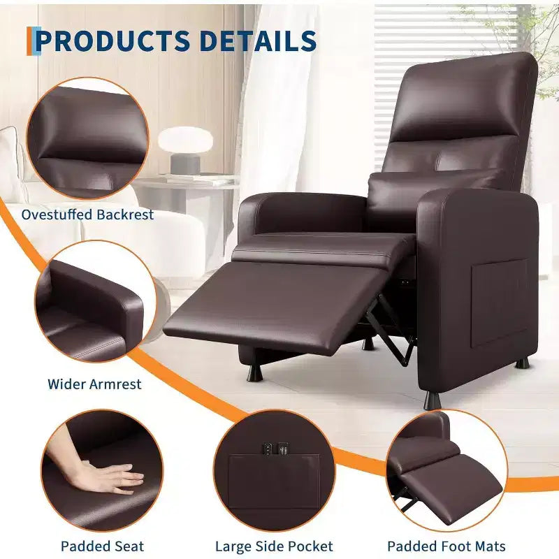 Fauteuil inclinable électrique Acekool, inclinable en cuir PU réglable avec port USB, poches latérales, canapé individuel ergonomique pour salon, cinéma maison