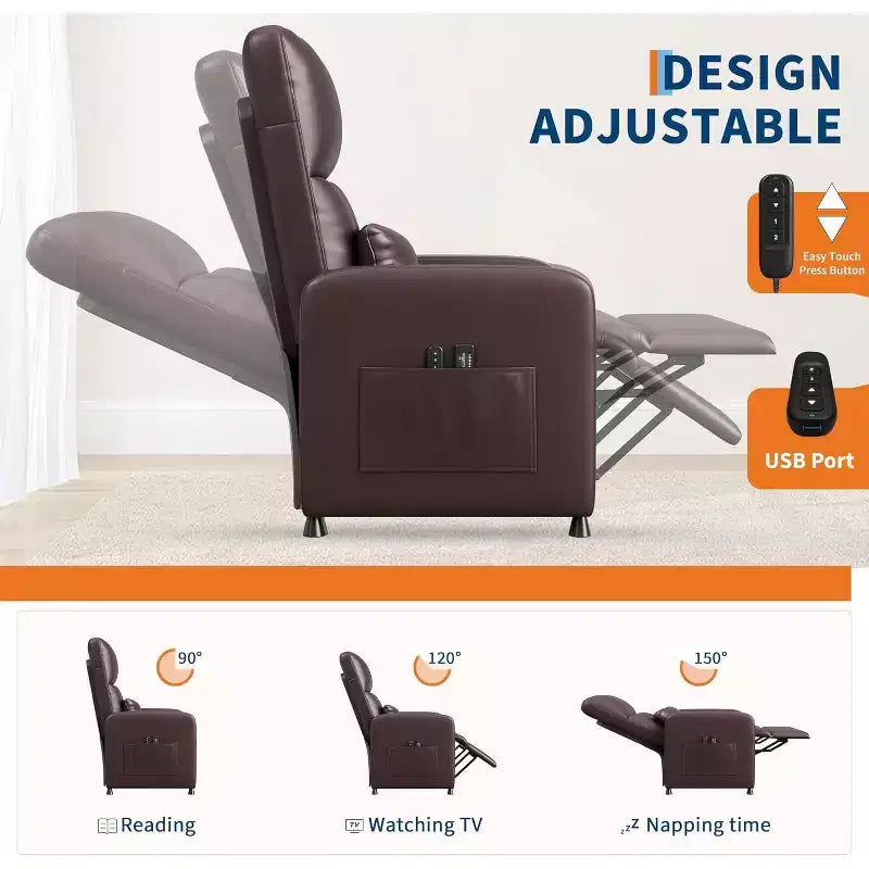 Fauteuil inclinable électrique Acekool, inclinable en cuir PU réglable avec port USB, poches latérales, canapé individuel ergonomique pour salon, cinéma maison