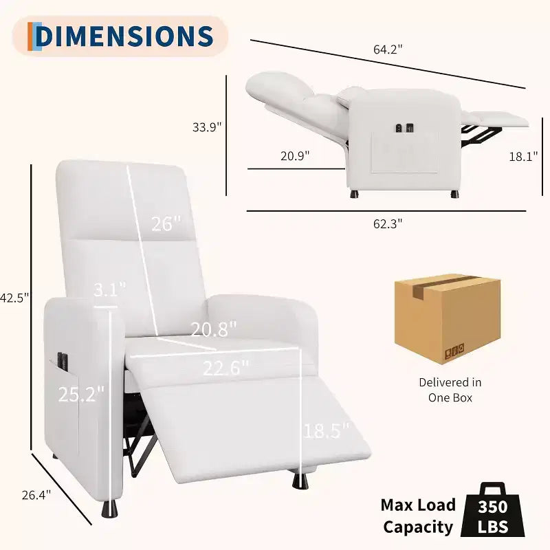 Fauteuil inclinable électrique Acekool, inclinable en cuir PU réglable avec port USB, poches latérales, canapé individuel ergonomique pour salon, cinéma maison