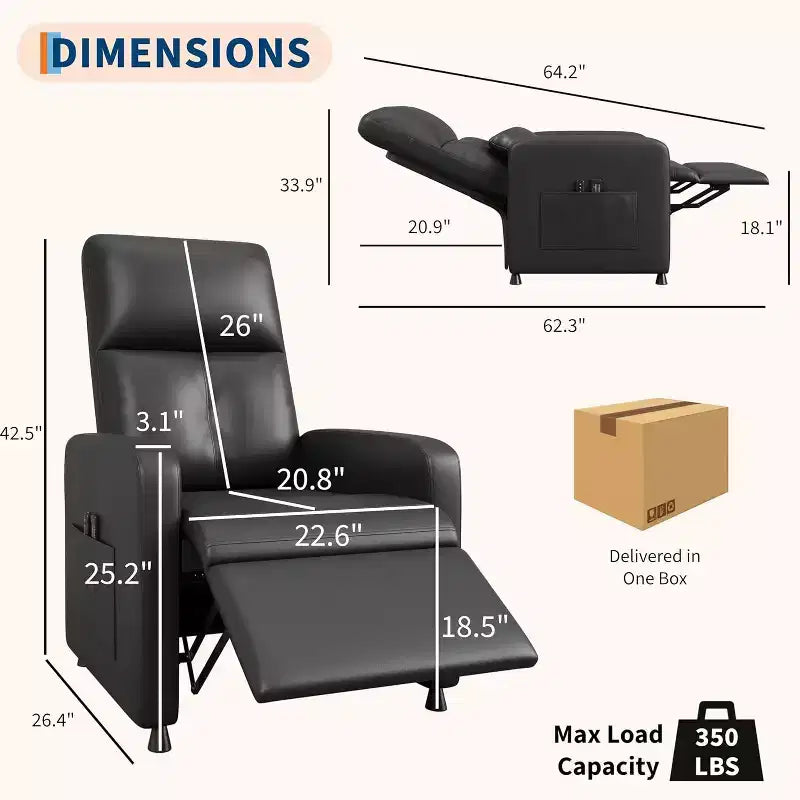 Fauteuil inclinable électrique Acekool, inclinable en cuir PU réglable avec port USB, poches latérales, canapé individuel ergonomique pour salon, cinéma maison