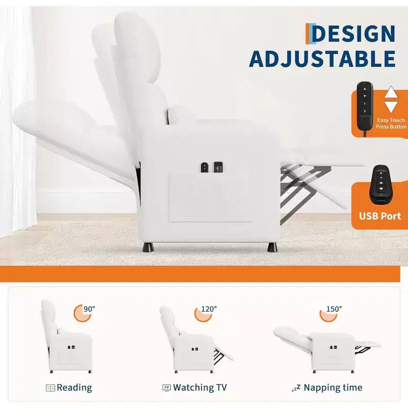 Fauteuil inclinable électrique Acekool, inclinable en cuir PU réglable avec port USB, poches latérales, canapé individuel ergonomique pour salon, cinéma maison