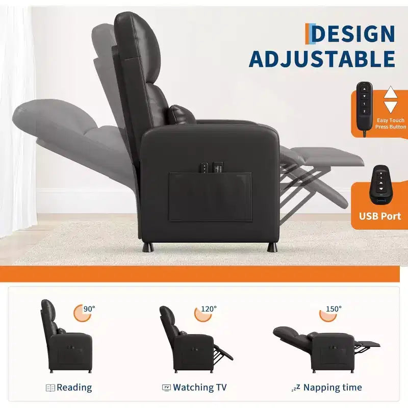 Fauteuil inclinable électrique Acekool, inclinable en cuir PU réglable avec port USB, poches latérales, canapé individuel ergonomique pour salon, cinéma maison
