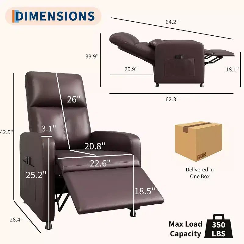 Fauteuil inclinable électrique Acekool, inclinable en cuir PU réglable avec port USB, poches latérales, canapé individuel ergonomique pour salon, cinéma maison