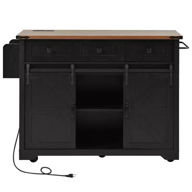 sumyeg 53.7 Rolling Kitchen Cart with Barn Doors, Drop Leaf, Power Outlet and Spice Rack (No Stools)