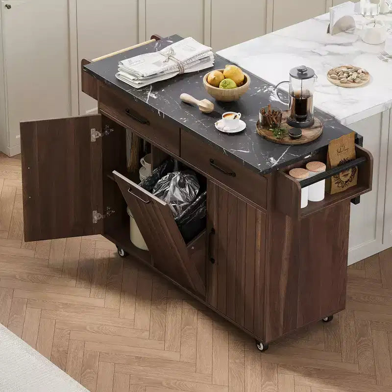 sumyeg Kitchen Island Cart with Trash Can Storage, Drop Leaf, Spice Rack, Towel Rack and Drawer, Rolling Cart with Adjustable Shelf for Kitchen