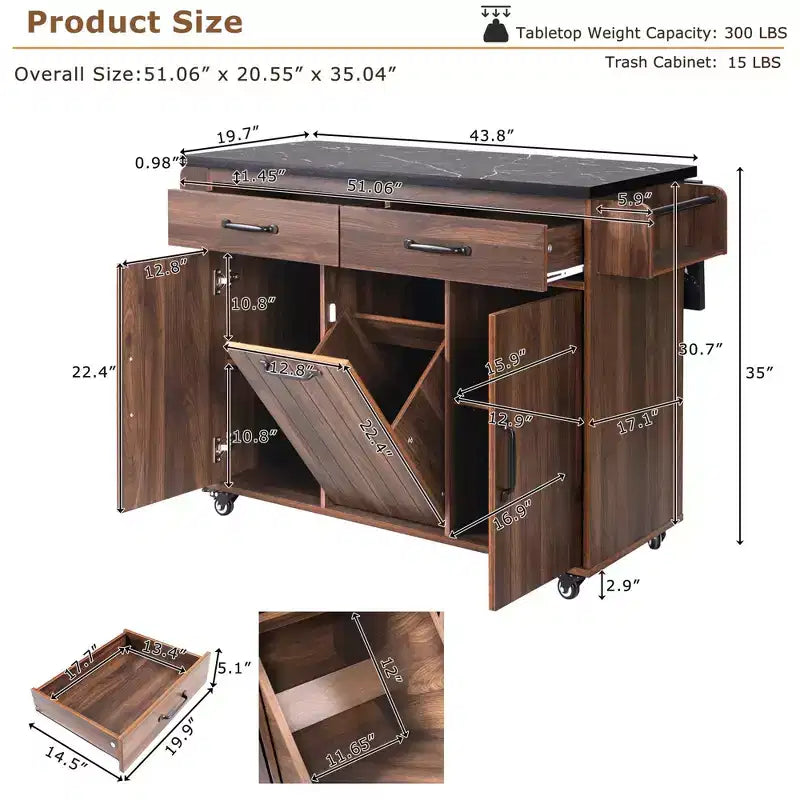 Chariot d'îlot de cuisine sumyeg avec rangement pour poubelle, abattant, porte-épices, porte-serviettes et tiroir, desserte roulante avec étagère réglable pour la cuisine