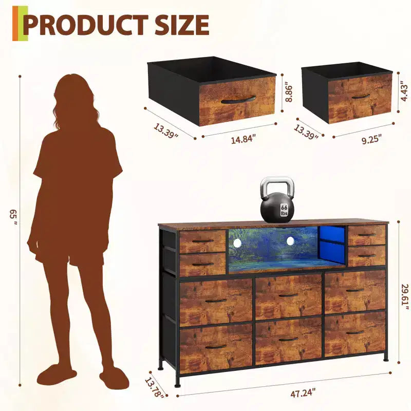 Commode 10 tiroirs en tissu, meuble TV avec plateau en bois, étagères ouvertes, meuble TV pour téléviseur de 40 à 55 pouces, commode de rangement pour chambre à coucher ou salon