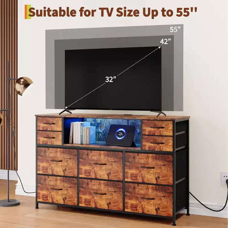 Commode 10 tiroirs en tissu, meuble TV avec plateau en bois, étagères ouvertes, meuble TV pour téléviseur de 40 à 55 pouces, commode de rangement pour chambre à coucher ou salon