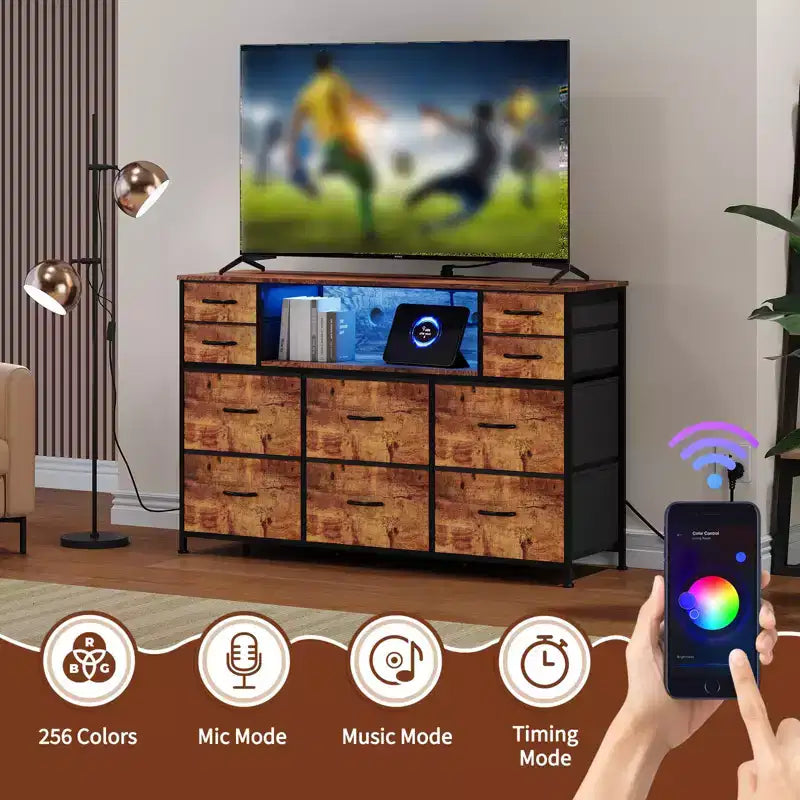 Commode 10 tiroirs en tissu, meuble TV avec plateau en bois, étagères ouvertes, meuble TV pour téléviseur de 40 à 55 pouces, commode de rangement pour chambre à coucher ou salon