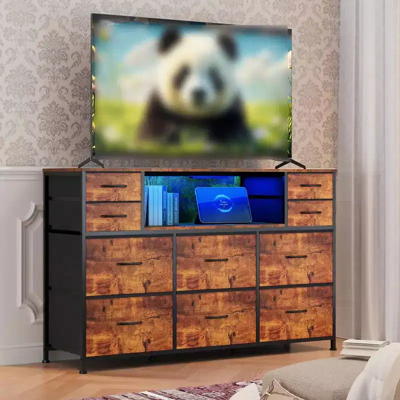 Commode 10 tiroirs en tissu, meuble TV avec plateau en bois, étagères ouvertes, meuble TV pour téléviseur de 40 à 55 pouces, commode de rangement pour chambre à coucher ou salon