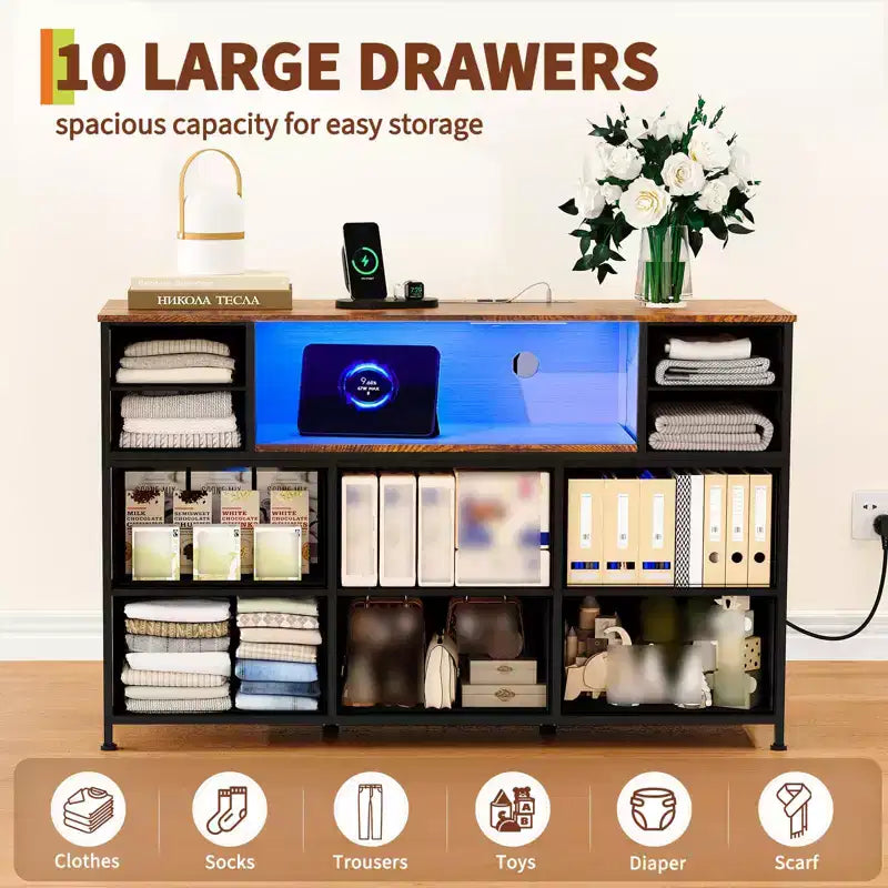 Commode 10 tiroirs en tissu, meuble TV avec plateau en bois, étagères ouvertes, meuble TV pour téléviseur de 40 à 55 pouces, commode de rangement pour chambre à coucher ou salon