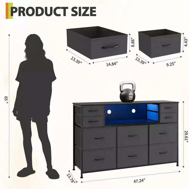 Commode 10 tiroirs en tissu, meuble TV avec plateau en bois, étagères ouvertes, meuble TV pour téléviseur de 40 à 55 pouces, commode de rangement pour chambre à coucher ou salon