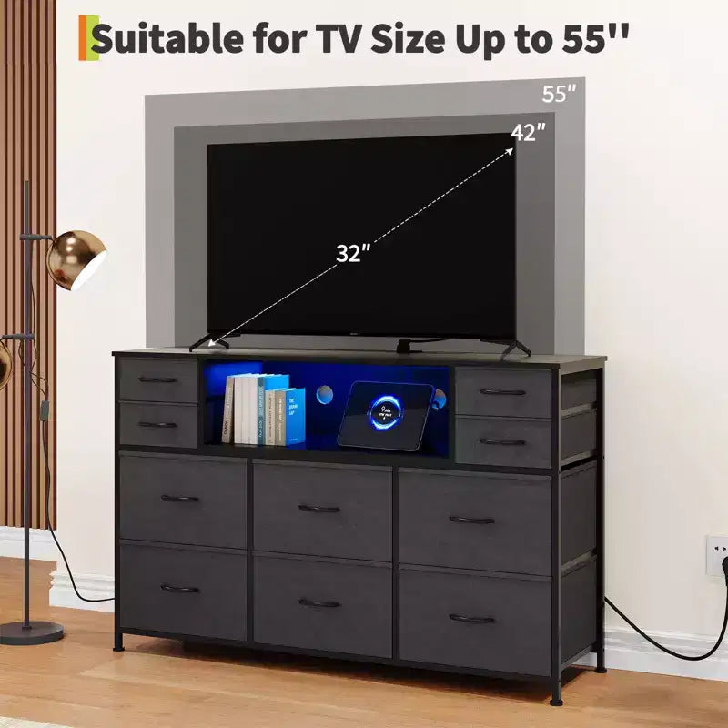 Commode 10 tiroirs en tissu, meuble TV avec plateau en bois, étagères ouvertes, meuble TV pour téléviseur de 40 à 55 pouces, commode de rangement pour chambre à coucher ou salon