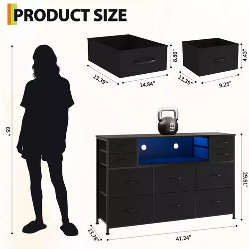 Commode 10 tiroirs en tissu, meuble TV avec plateau en bois, étagères ouvertes, meuble TV pour téléviseur de 40 à 55 pouces, commode de rangement pour chambre à coucher ou salon