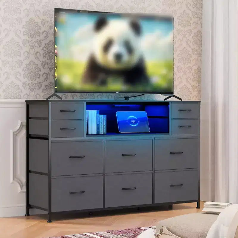 Commode 10 tiroirs en tissu, meuble TV avec plateau en bois, étagères ouvertes, meuble TV pour téléviseur de 40 à 55 pouces, commode de rangement pour chambre à coucher ou salon