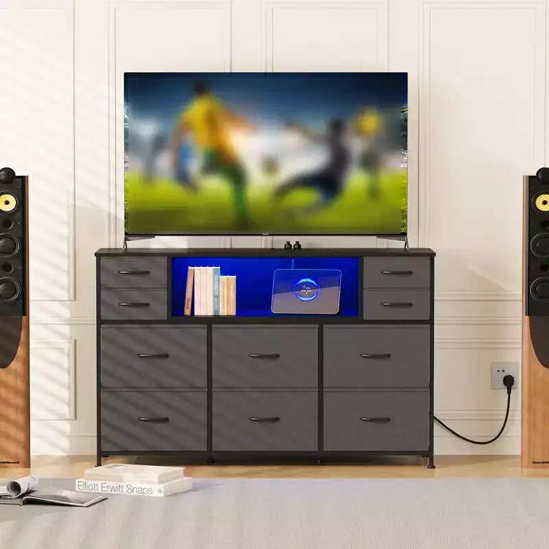 Commode 10 tiroirs en tissu, meuble TV avec plateau en bois, étagères ouvertes, meuble TV pour téléviseur de 40 à 55 pouces, commode de rangement pour chambre à coucher ou salon