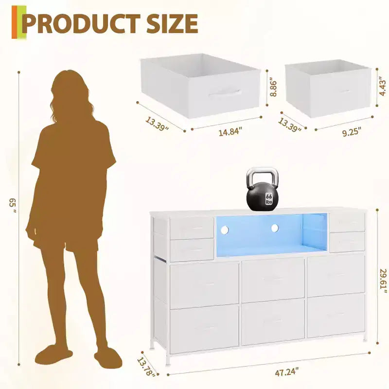 Commode 10 tiroirs en tissu, meuble TV avec plateau en bois, étagères ouvertes, meuble TV pour téléviseur de 40 à 55 pouces, commode de rangement pour chambre à coucher ou salon