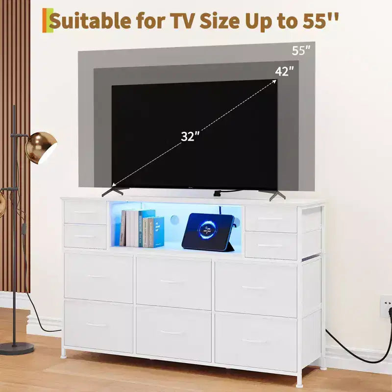 Commode 10 tiroirs en tissu, meuble TV avec plateau en bois, étagères ouvertes, meuble TV pour téléviseur de 40 à 55 pouces, commode de rangement pour chambre à coucher ou salon