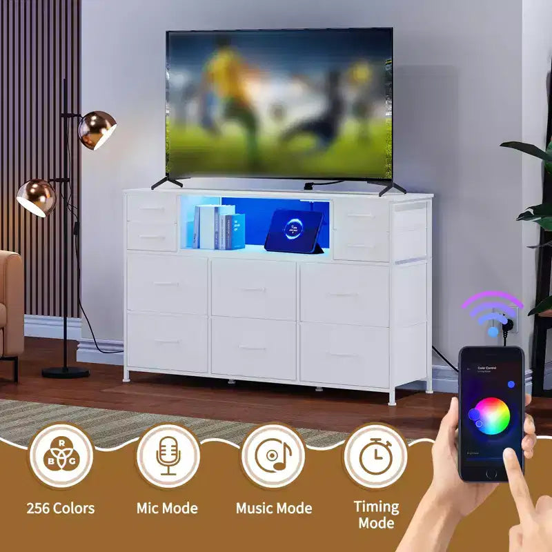 Commode 10 tiroirs en tissu, meuble TV avec plateau en bois, étagères ouvertes, meuble TV pour téléviseur de 40 à 55 pouces, commode de rangement pour chambre à coucher ou salon