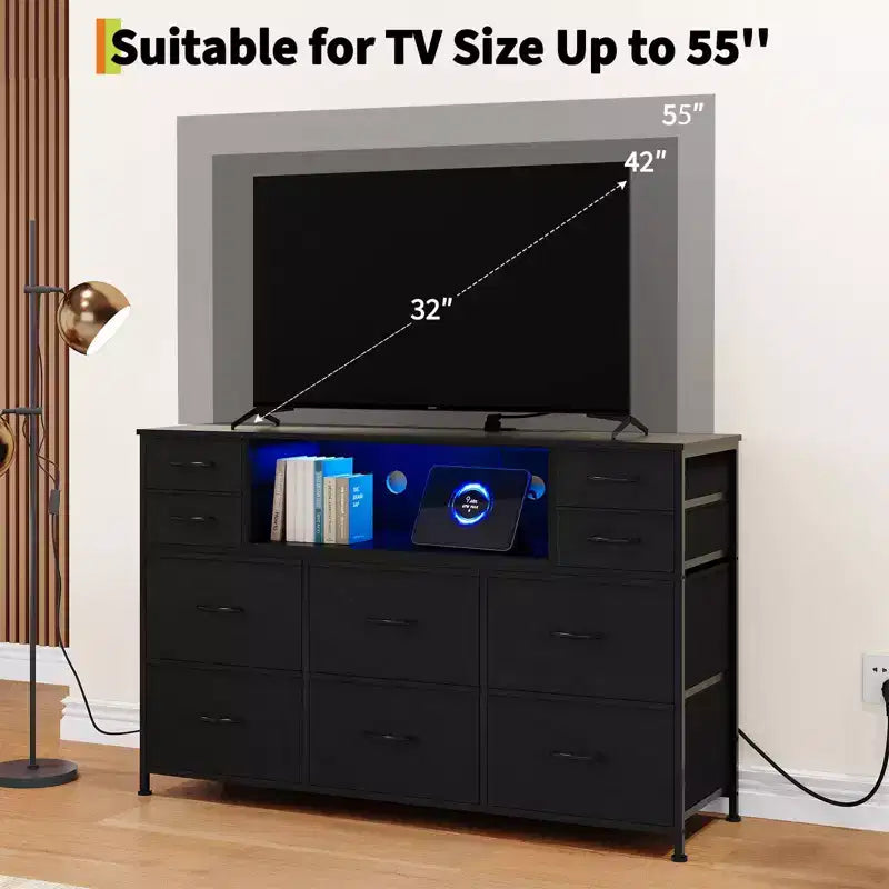 Commode 10 tiroirs en tissu, meuble TV avec plateau en bois, étagères ouvertes, meuble TV pour téléviseur de 40 à 55 pouces, commode de rangement pour chambre à coucher ou salon