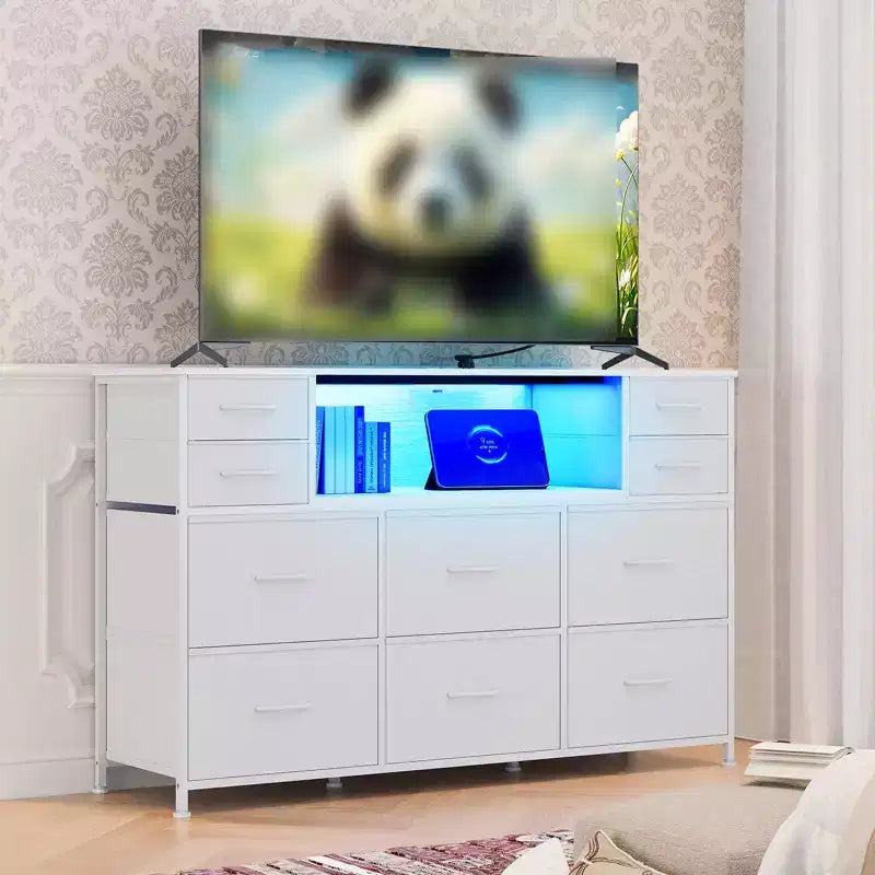 Commode 10 tiroirs en tissu, meuble TV avec plateau en bois, étagères ouvertes, meuble TV pour téléviseur de 40 à 55 pouces, commode de rangement pour chambre à coucher ou salon