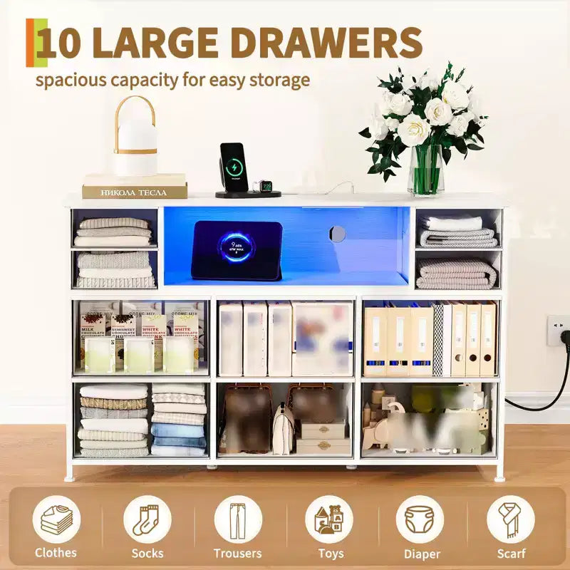 Commode 10 tiroirs en tissu, meuble TV avec plateau en bois, étagères ouvertes, meuble TV pour téléviseur de 40 à 55 pouces, commode de rangement pour chambre à coucher ou salon