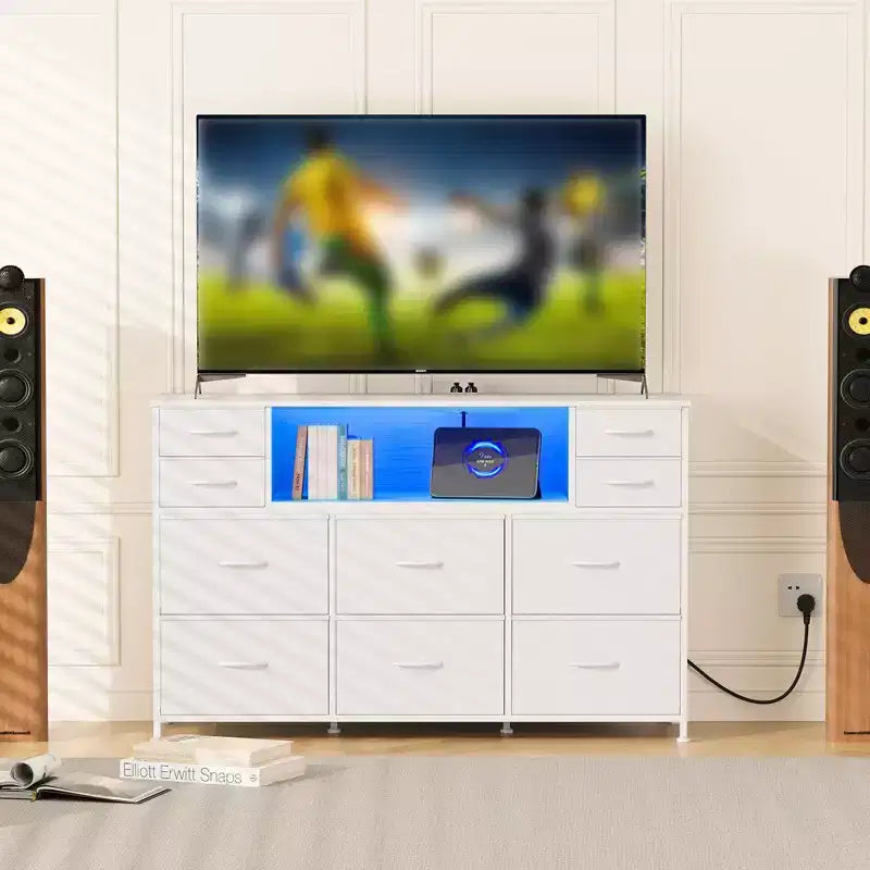 Commode 10 tiroirs en tissu, meuble TV avec plateau en bois, étagères ouvertes, meuble TV pour téléviseur de 40 à 55 pouces, commode de rangement pour chambre à coucher ou salon