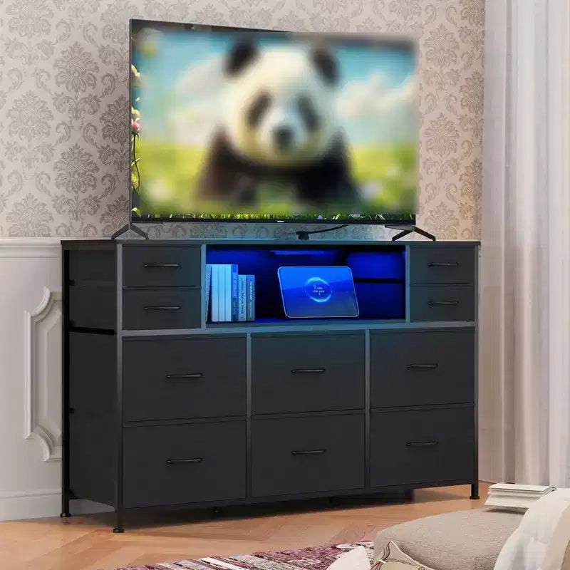 Commode 10 tiroirs en tissu, meuble TV avec plateau en bois, étagères ouvertes, meuble TV pour téléviseur de 40 à 55 pouces, commode de rangement pour chambre à coucher ou salon