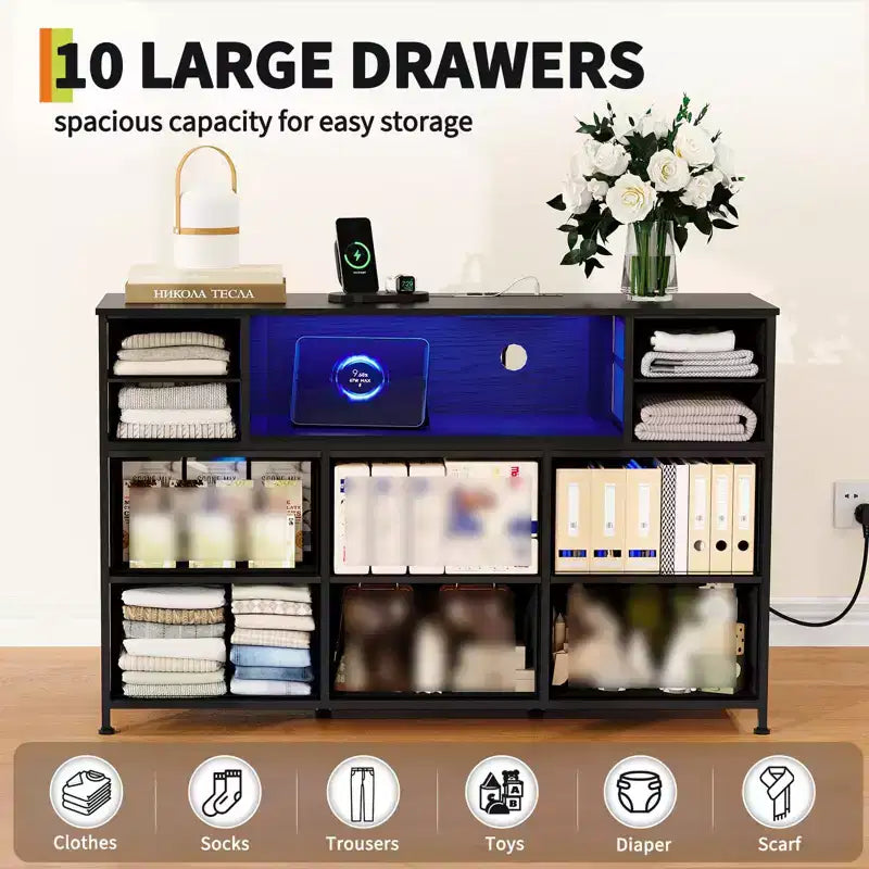 Commode 10 tiroirs en tissu, meuble TV avec plateau en bois, étagères ouvertes, meuble TV pour téléviseur de 40 à 55 pouces, commode de rangement pour chambre à coucher ou salon