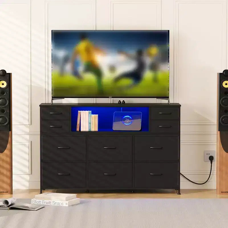 Commode 10 tiroirs en tissu, meuble TV avec plateau en bois, étagères ouvertes, meuble TV pour téléviseur de 40 à 55 pouces, commode de rangement pour chambre à coucher ou salon