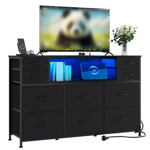 10 Fabric Drawers Dresser, Entertainment Center with Wood Top, Open Shelves, TV Stand for 40-55 TV, Chest of Drawers for Bedroom Living Room