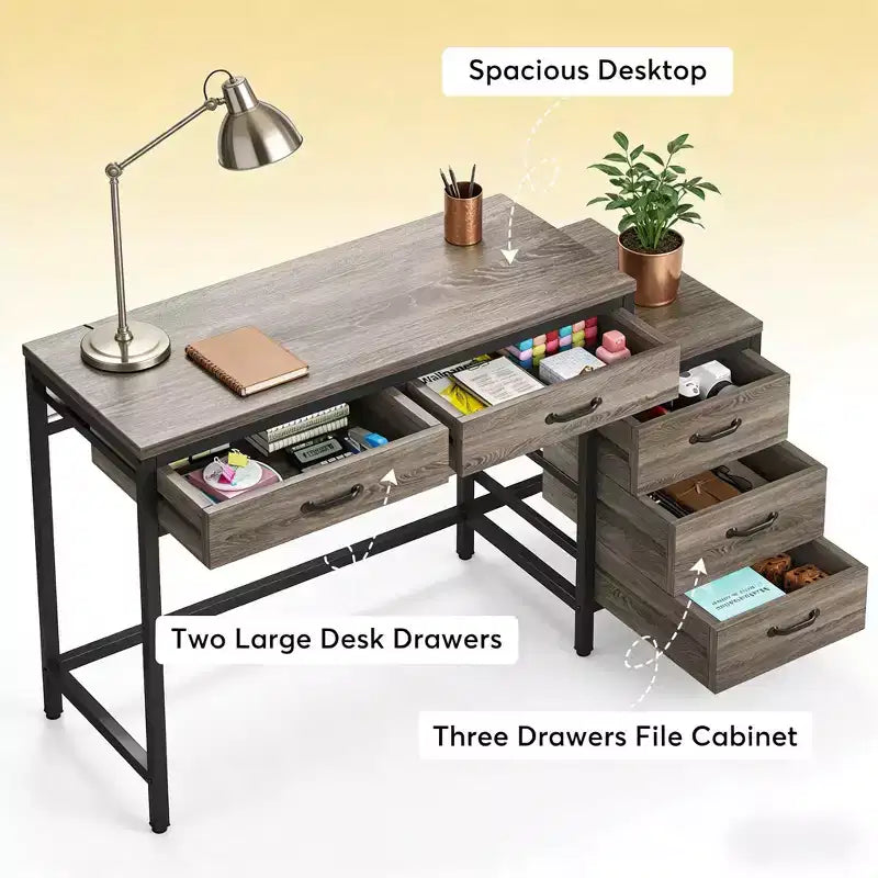 TUYOHW Bureau moderne avec caisson à tiroirs, bureau informatique compact à 2 tiroirs et meuble de classement à 3 tiroirs, table d'écriture pour bureau à domicile, étude