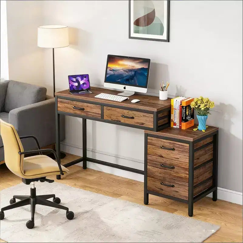 TUYOHW Bureau moderne avec caisson à tiroirs, bureau informatique compact à 2 tiroirs et meuble de classement à 3 tiroirs, table d'écriture pour bureau à domicile, étude
