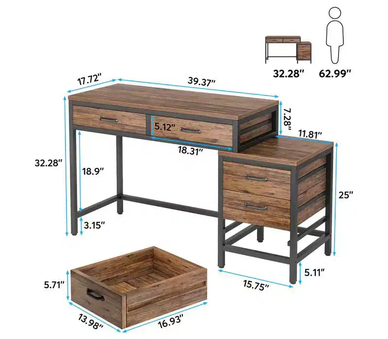 TUYOHW Bureau moderne avec caisson à tiroirs, bureau informatique compact à 2 tiroirs et meuble de classement à 3 tiroirs, table d'écriture pour bureau à domicile, étude